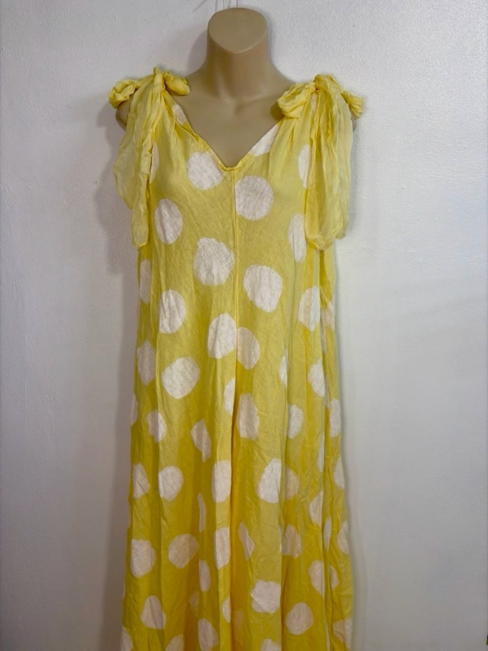 Made in Italy Linen Silk Yellow Polka Dot Romper Tie Shoulder
